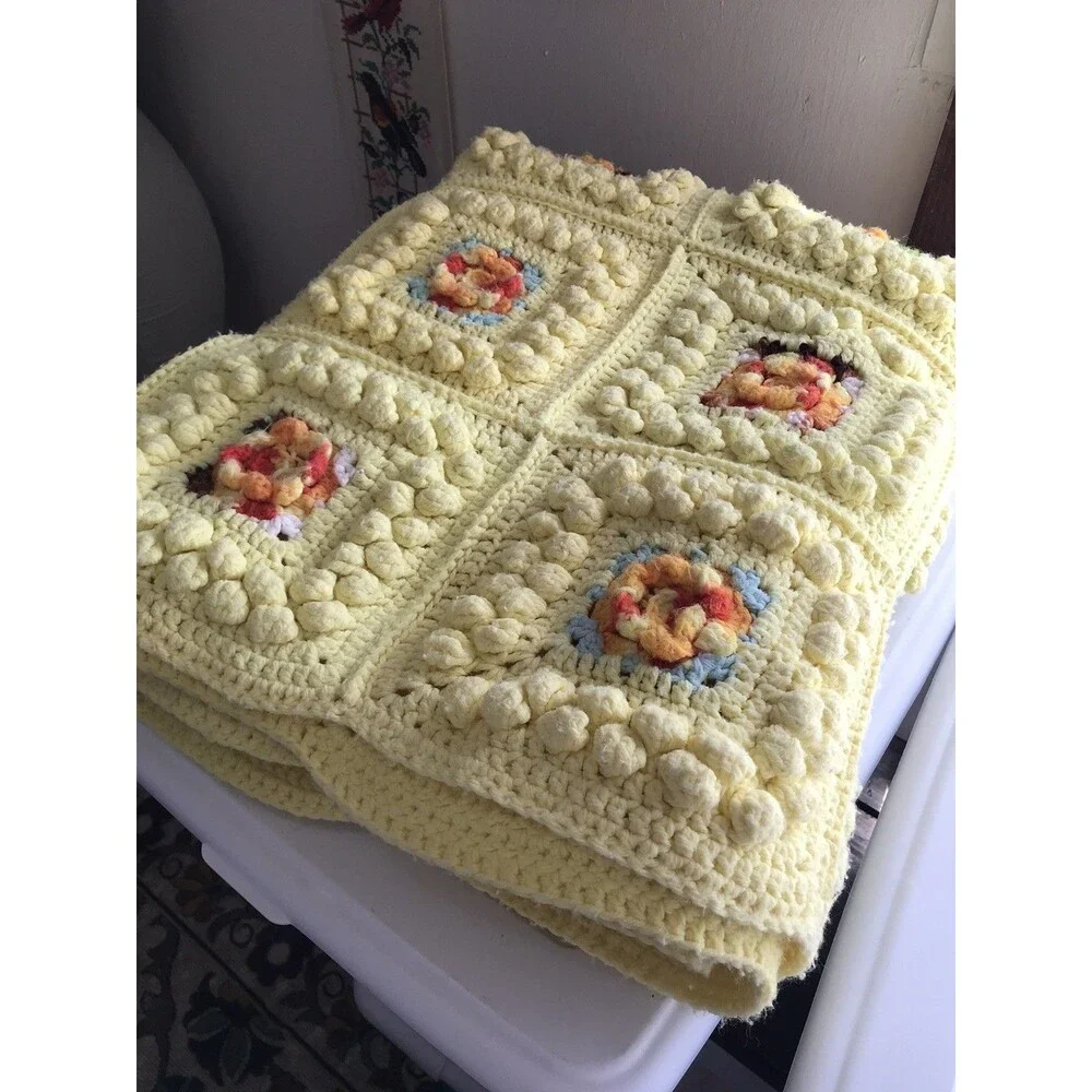 Vtg 3D Granny Square Crochet Lap Blanket Afghan yellow Roses Green Leaf 65”x40”